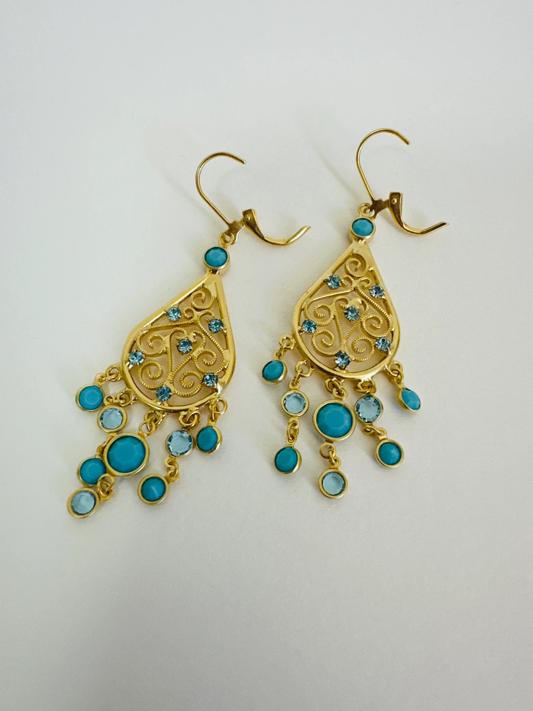 Gold Tone Chandelier Earrings with Blue Stones