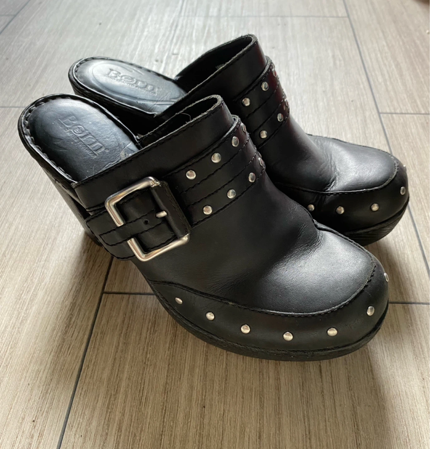 Studded leather clogs