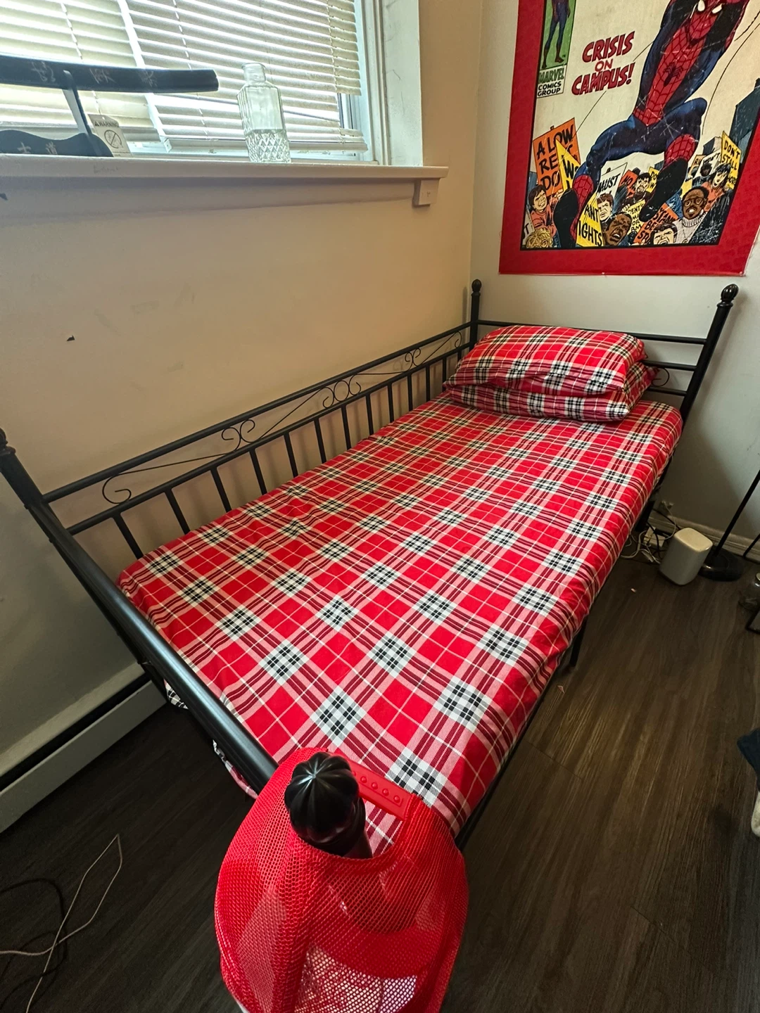 Metal Frame Twin Bed with Plaid Bedding