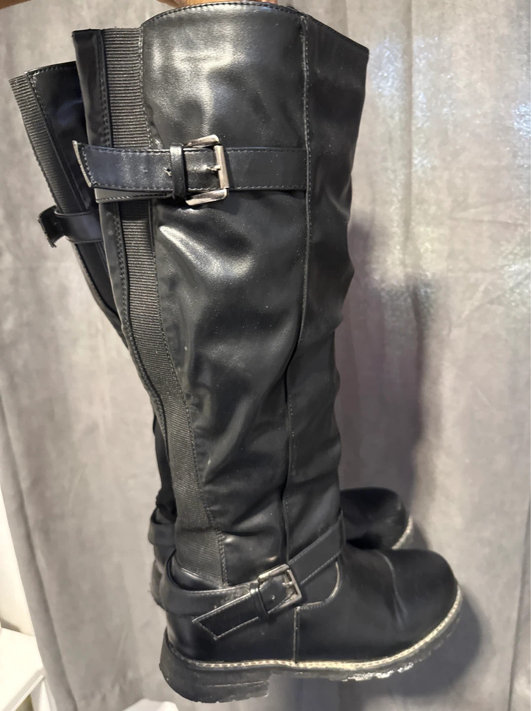 Leather Black Knee-High Boots with Buckle Detail
