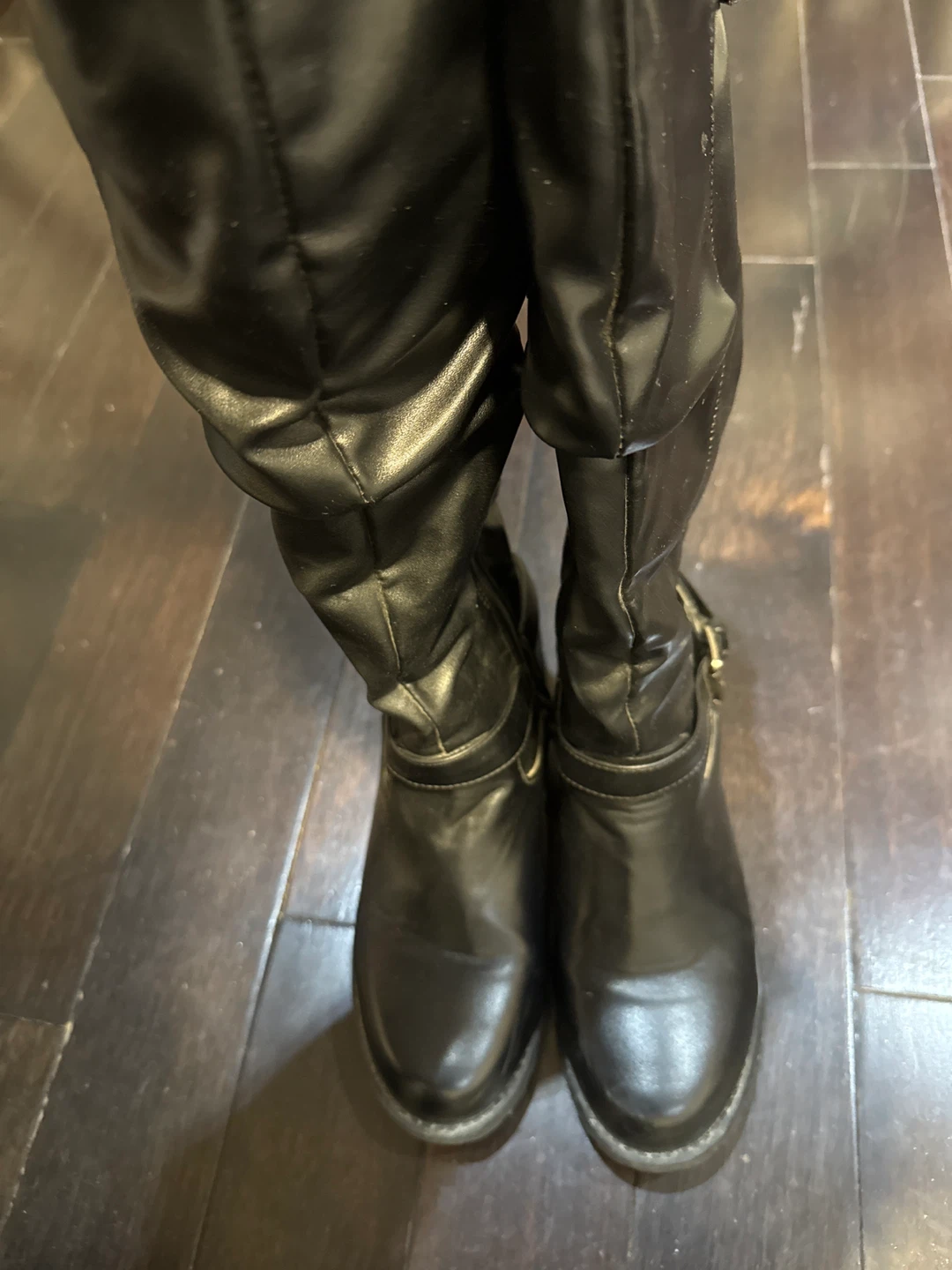Leather Black Knee-High Boots with Buckle Detail - photo 2