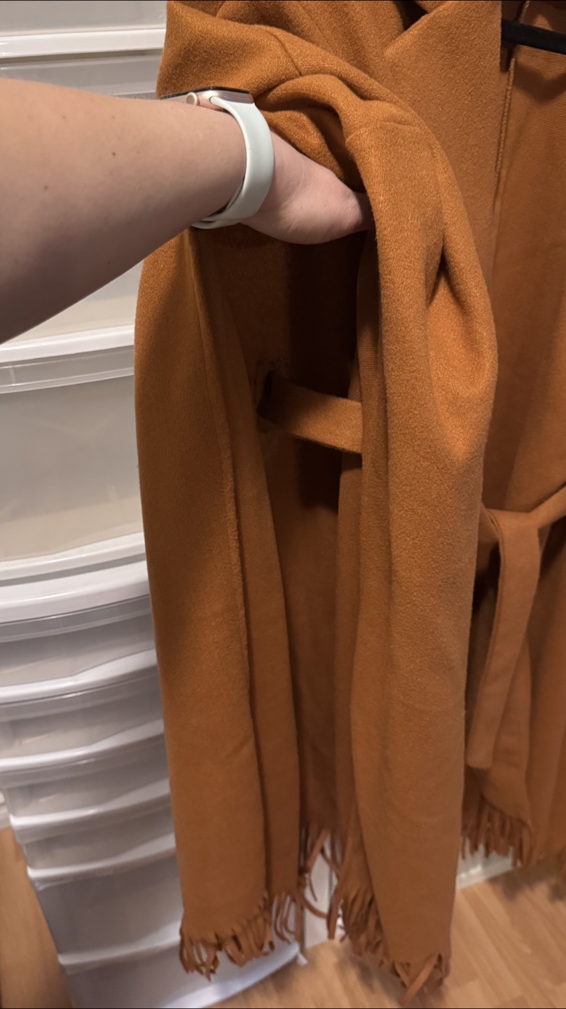 Brown Fringe Poncho/Cape Jacket with Tie Waist Belt - photo 2