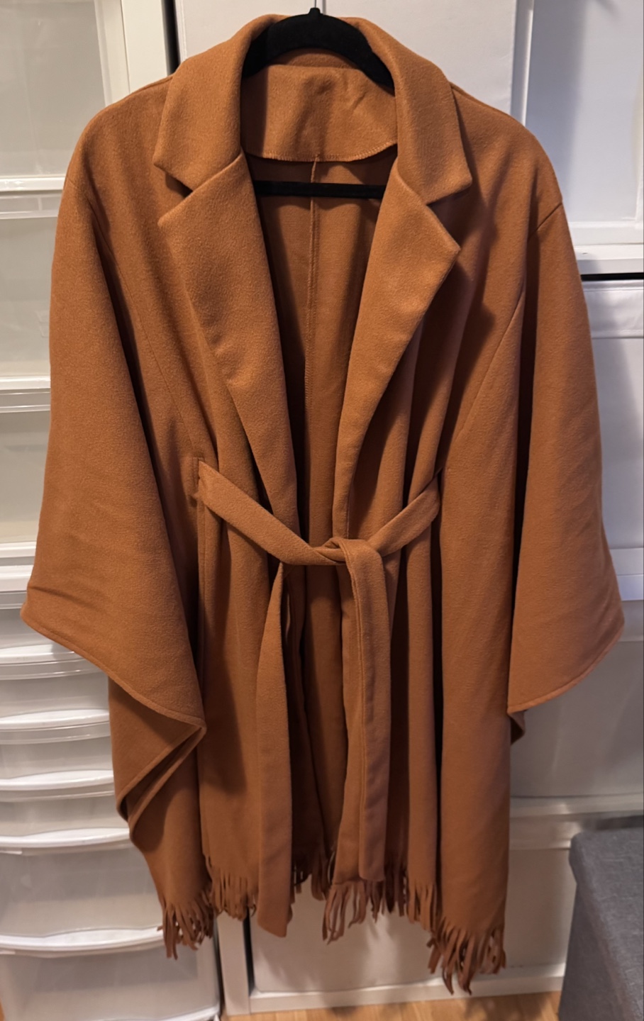 Brown Fringe Poncho/Cape Jacket with Tie Waist Belt