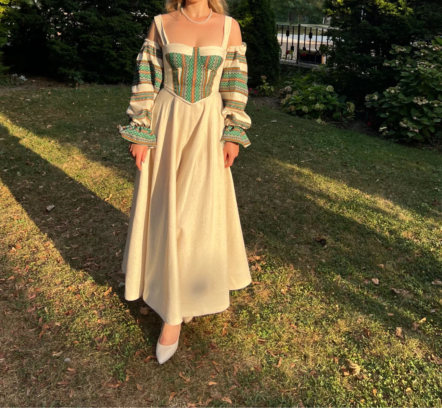 Cream Embroidered Maxi Skirt with Corset Detail