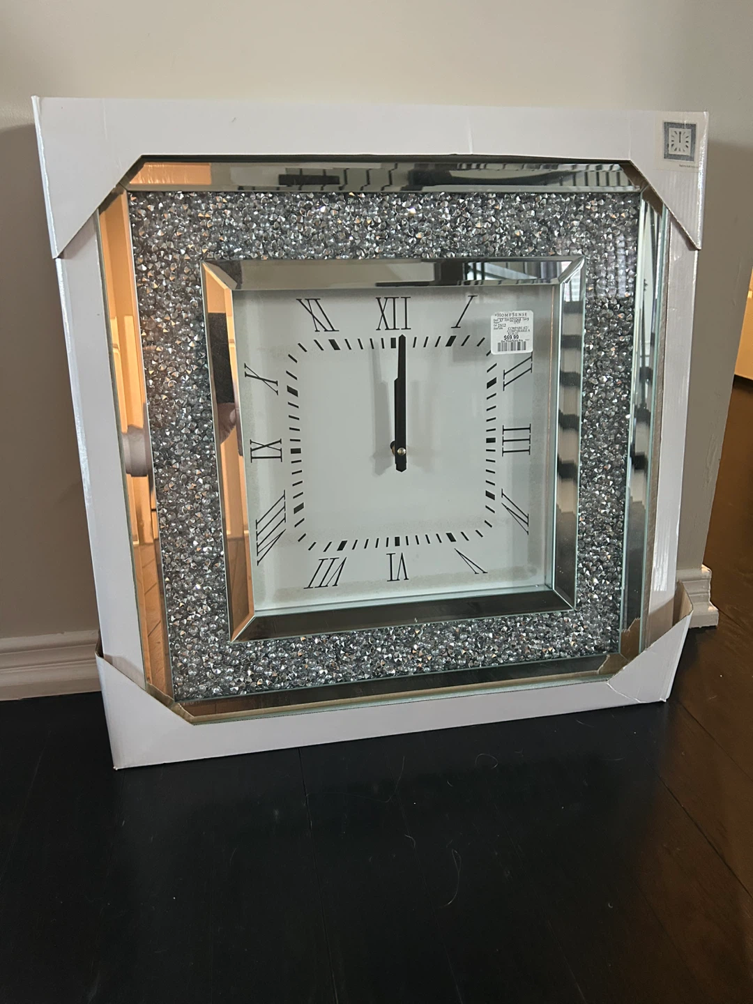 Square Mirrored Wall Clock with Crystal Accents