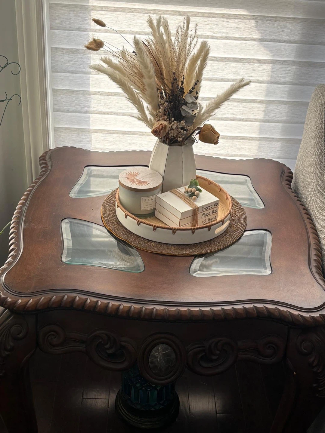 Ornate Wood Coffee Table with Glass and Marble Inlays - photo 5