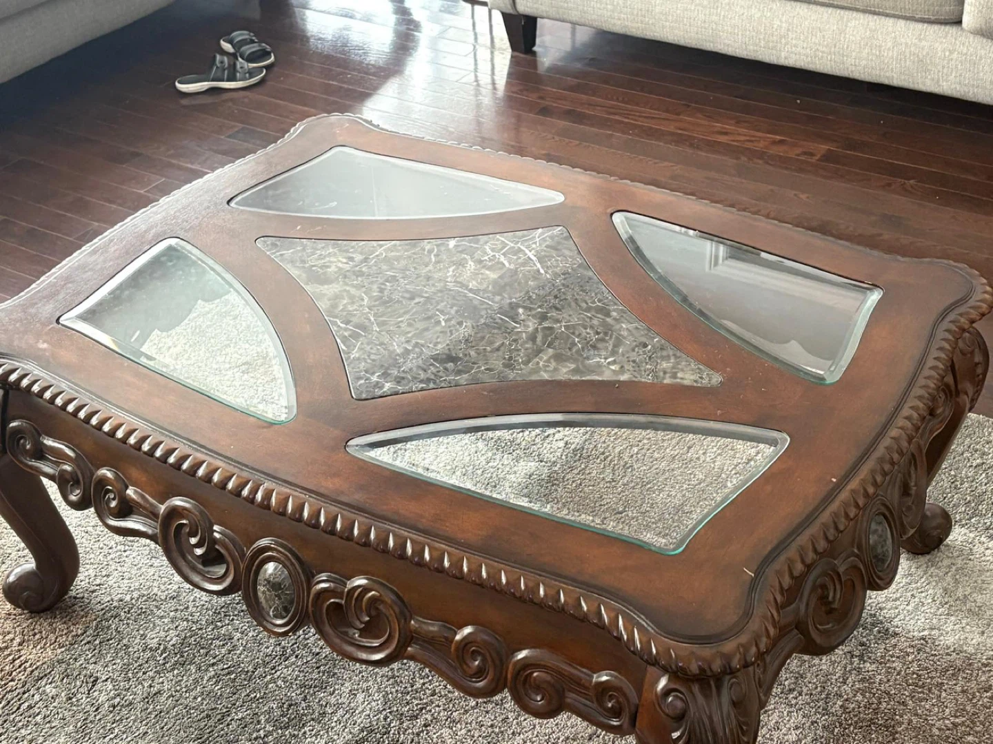 Ornate Wood Coffee Table with Glass and Marble Inlays - photo 3