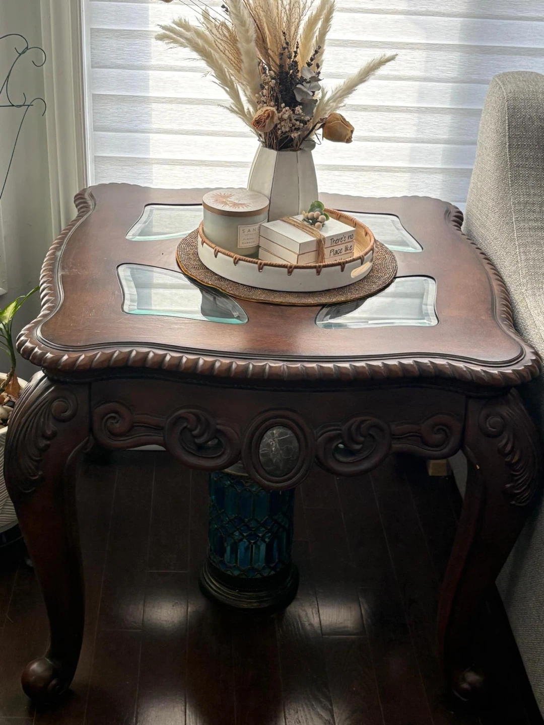 Ornate Wood Coffee Table with Glass and Marble Inlays - photo 4