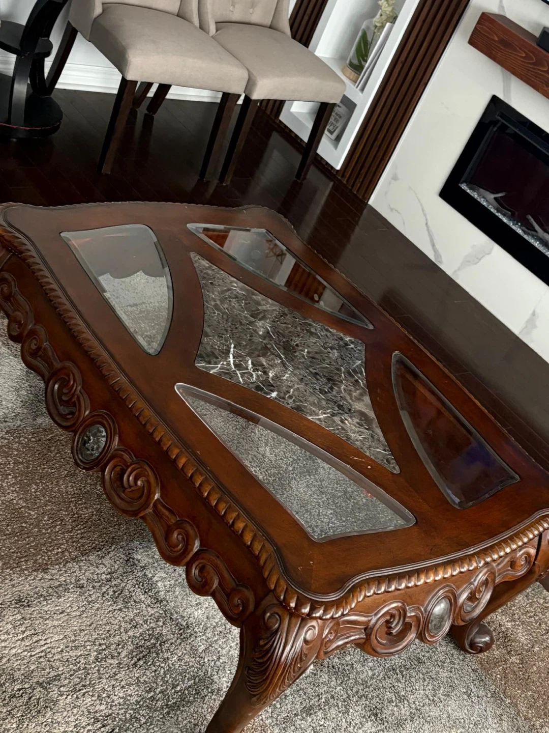 Ornate Wood Coffee Table with Glass and Marble Inlays - photo 2