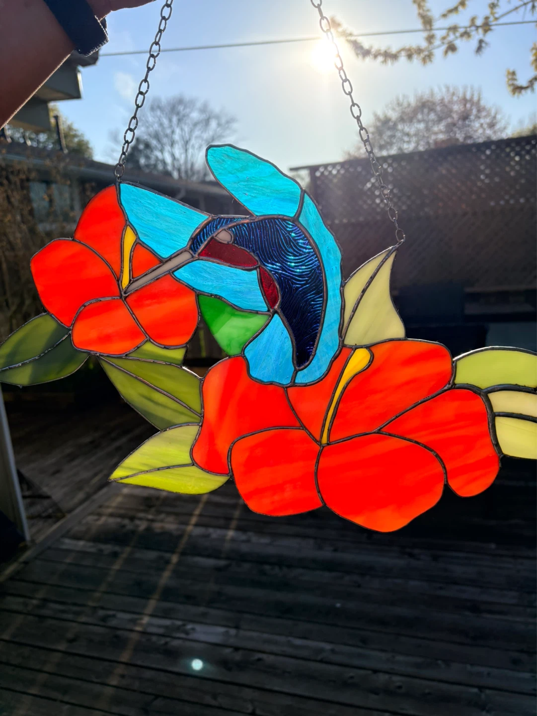 Stained Glass Hummingbird and Hibiscus Sun Catcher