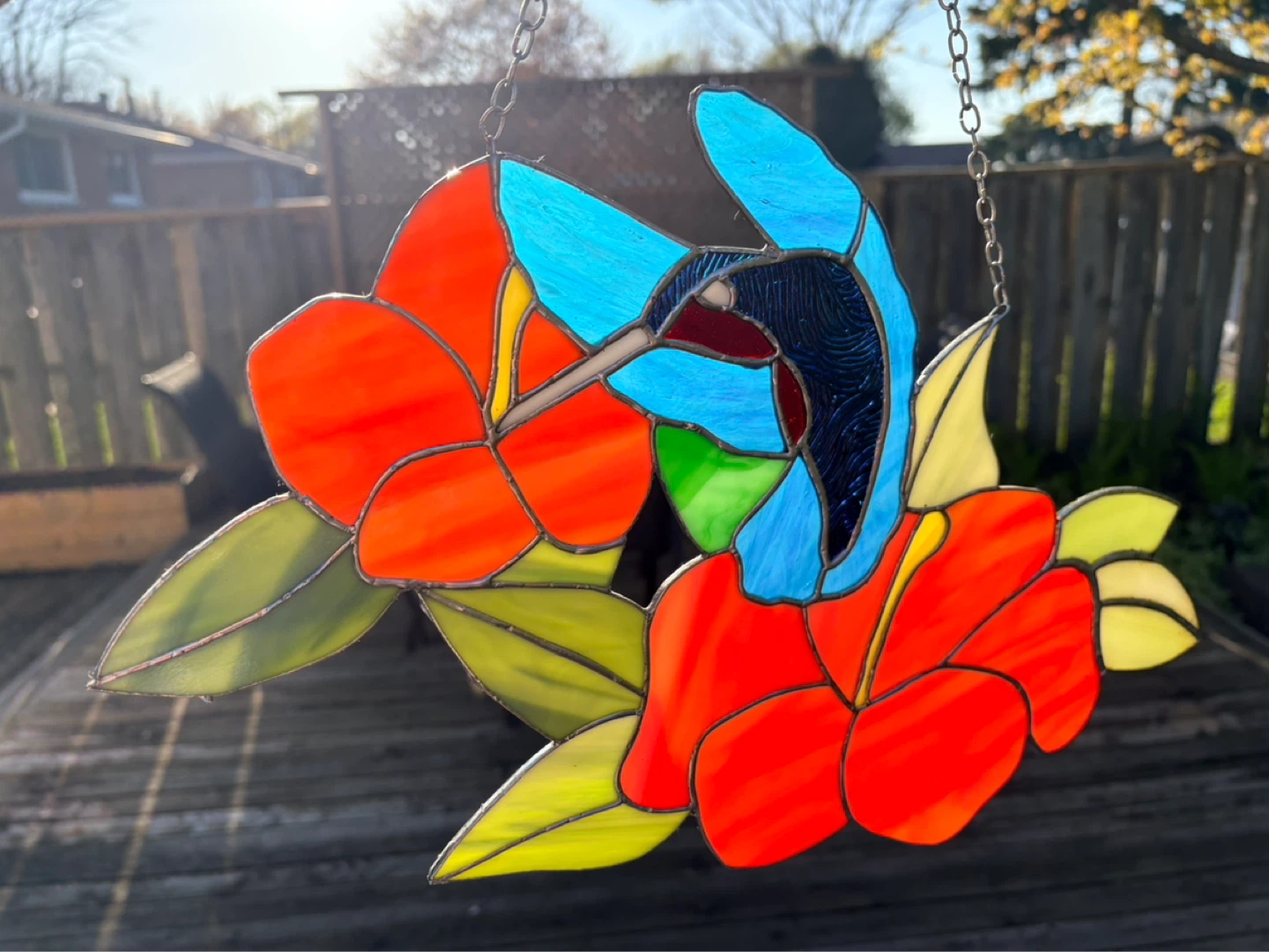 Stained Glass Hummingbird and Hibiscus Sun Catcher - photo 2