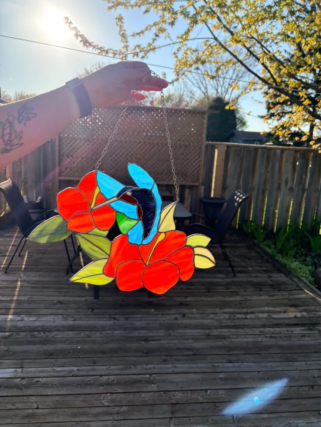 Stained Glass Hummingbird and Hibiscus Sun Catcher - photo 3
