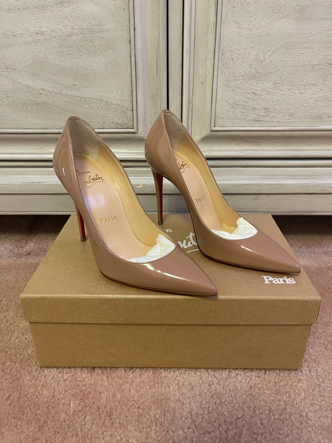 Christian Louboutin Kate 100 Patent Nude Heels - Size 34