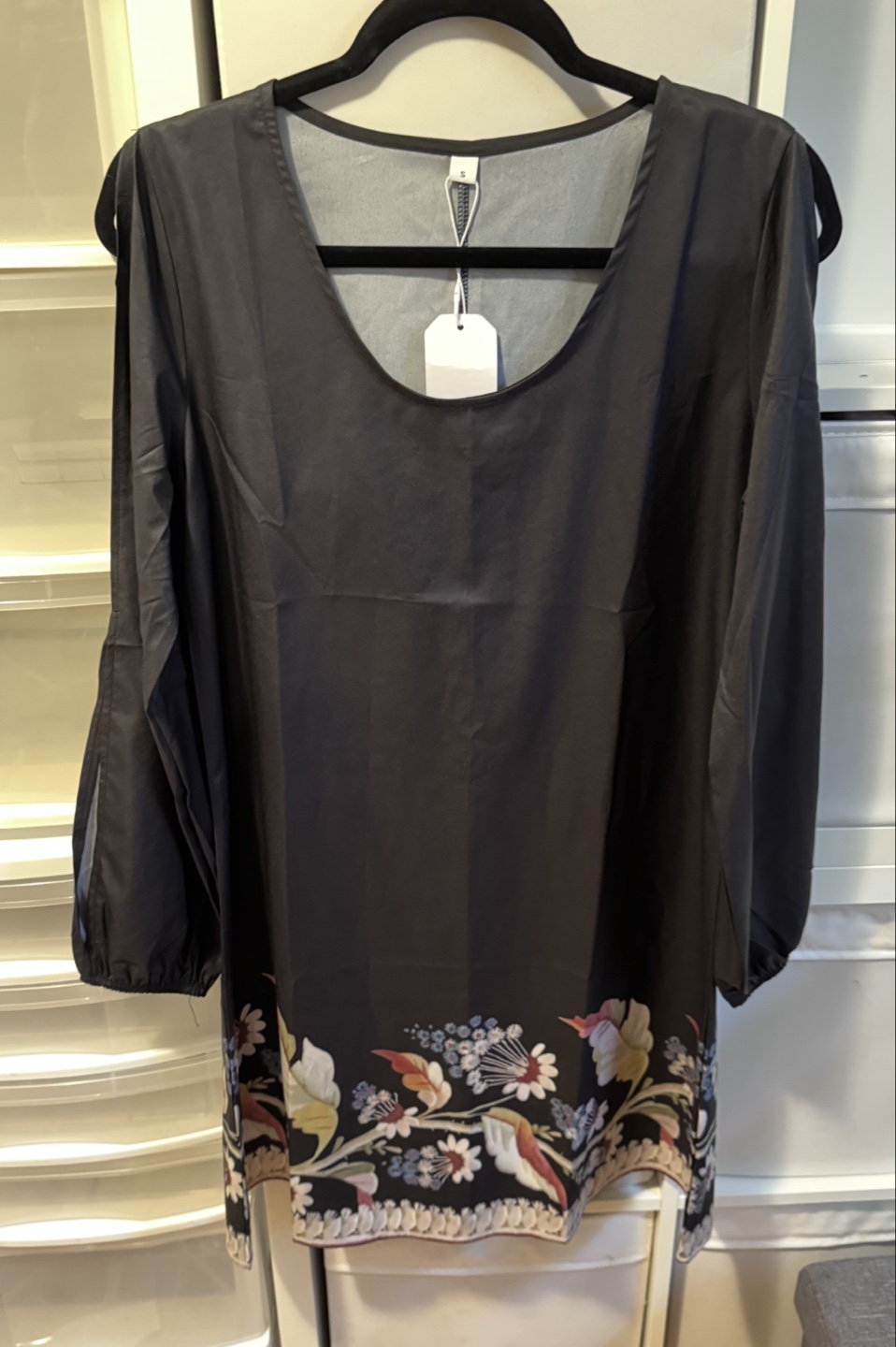 Black Tunic Dress with Floral Border - Size S