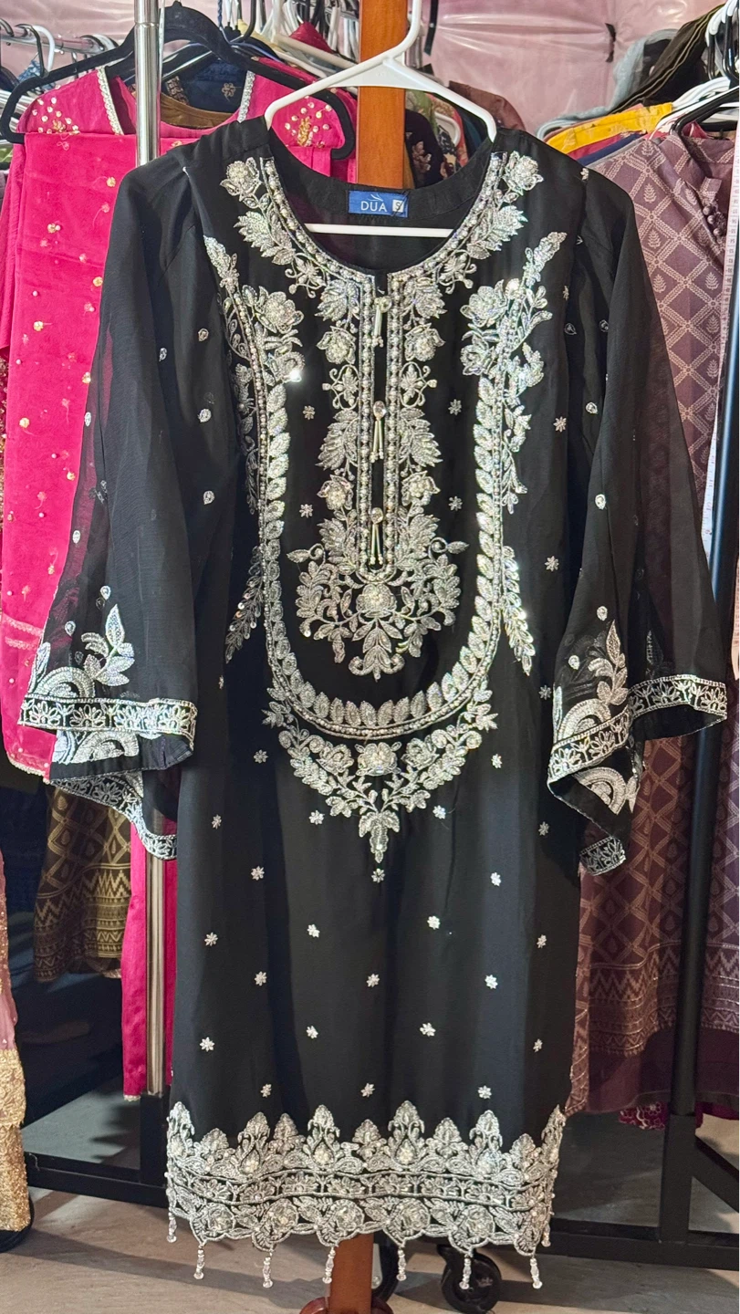Black Embroidered georgette three piece suit