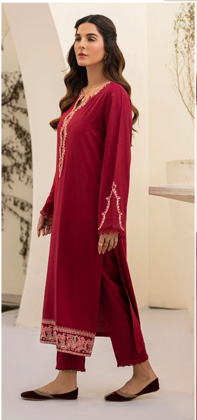 Red embroidered two piece suit