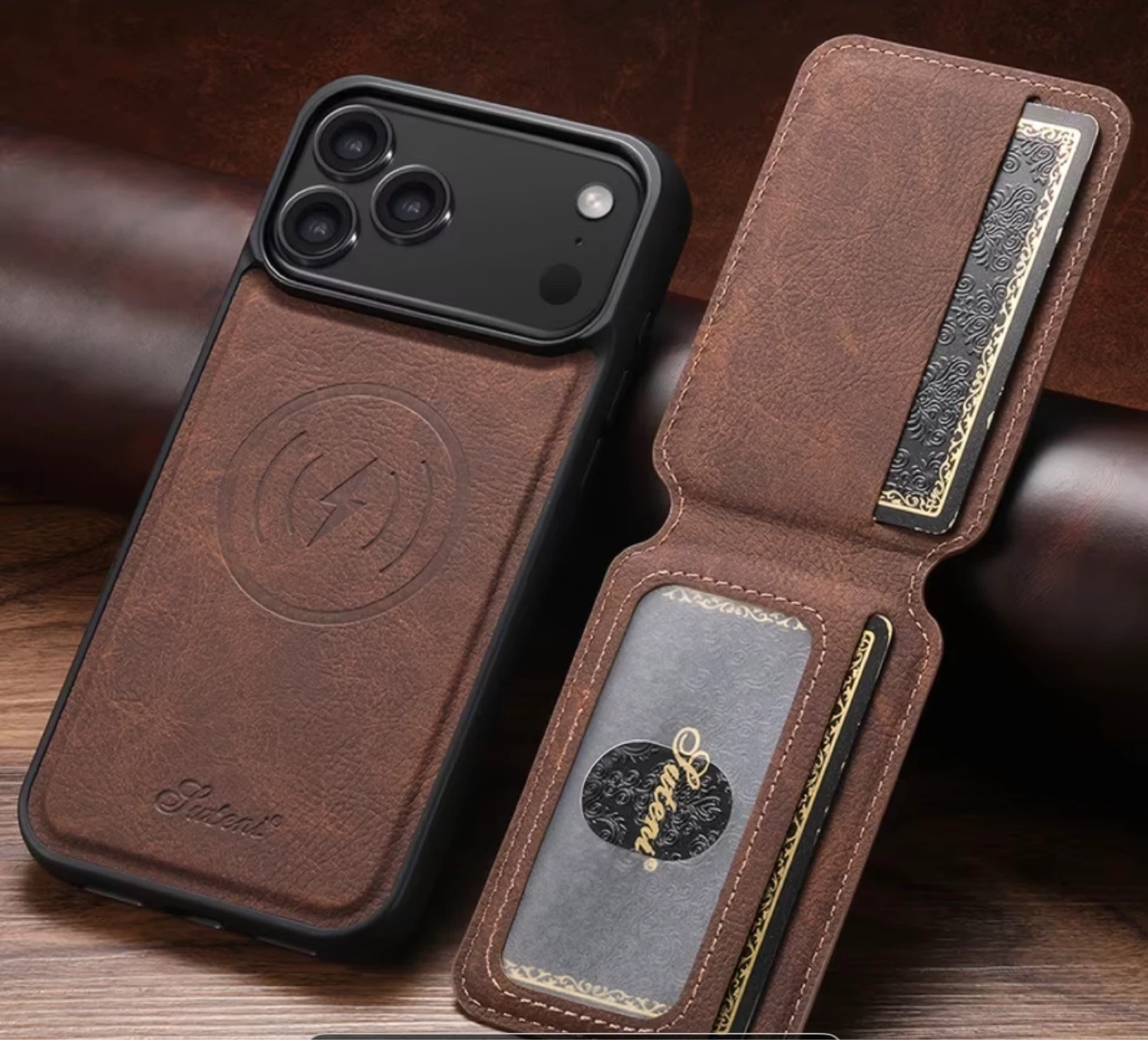 Suteni Faux Brown Leather Wallet Case for iPhone 17 Pro max