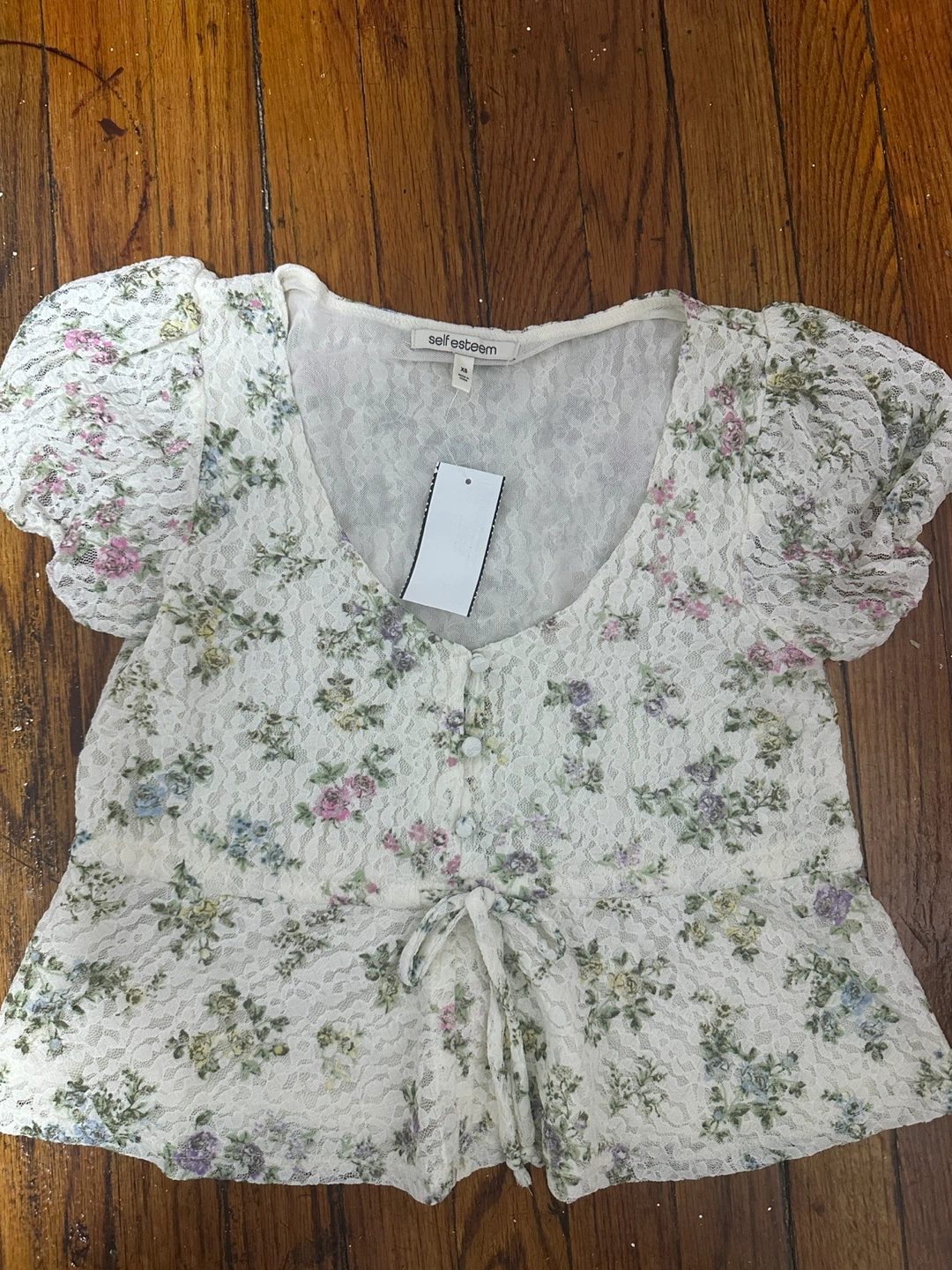 Self Esteem Floral Lace Puff Sleeve Top XS - photo 3
