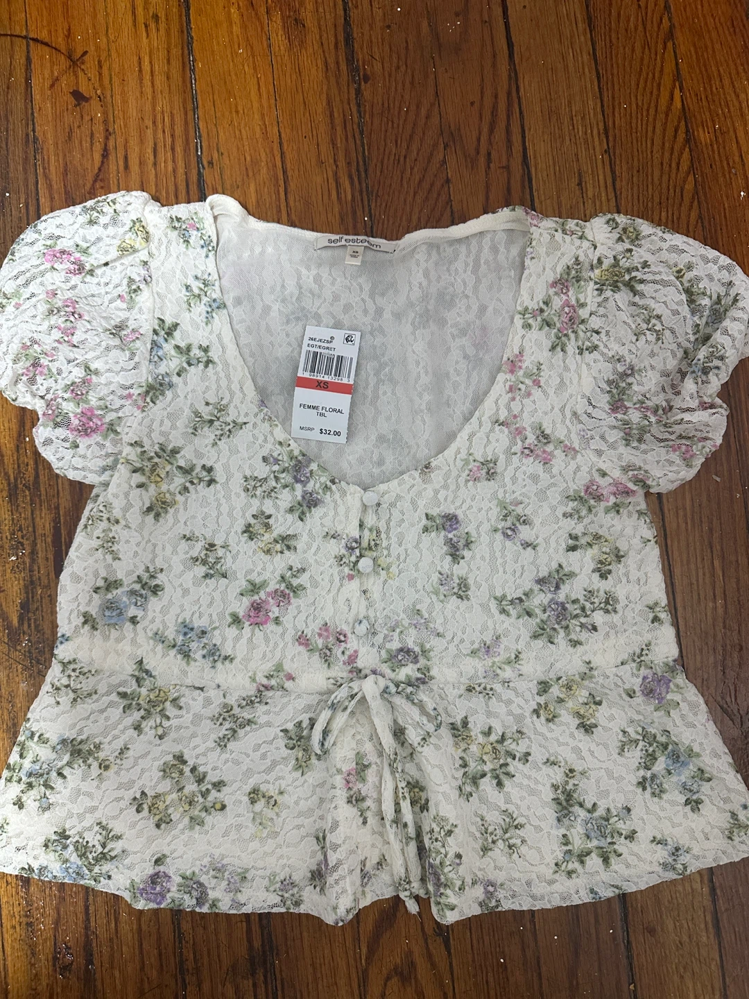 Self Esteem Floral Lace Puff Sleeve Top XS