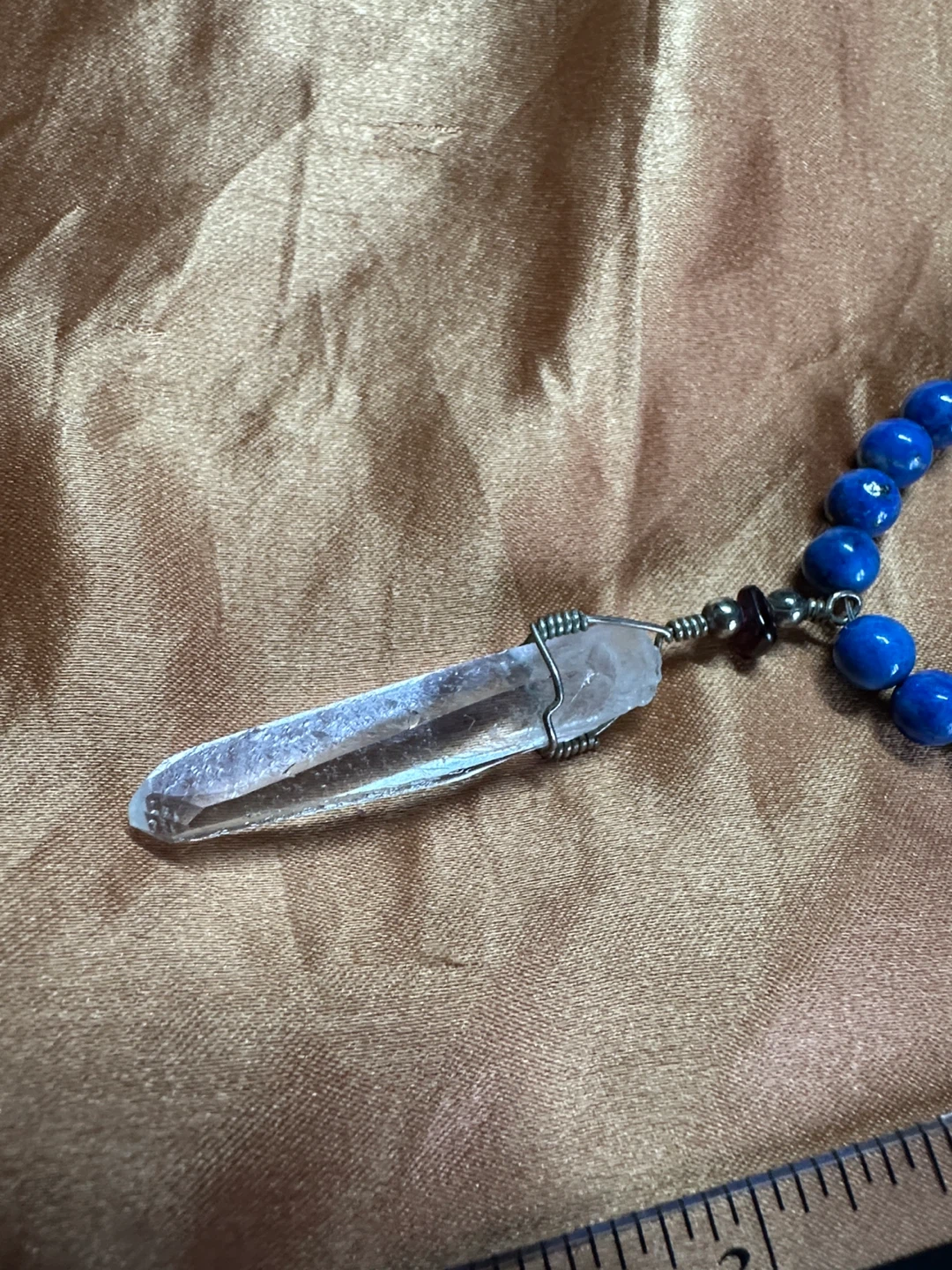 Blue Lapis Beaded Necklace with Crystal Pendant