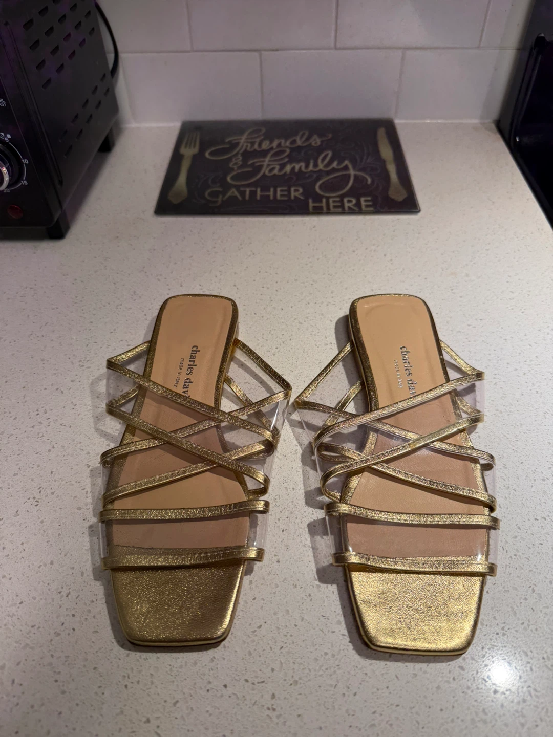 Charles David Gold Slide Sandals with Clear Straps