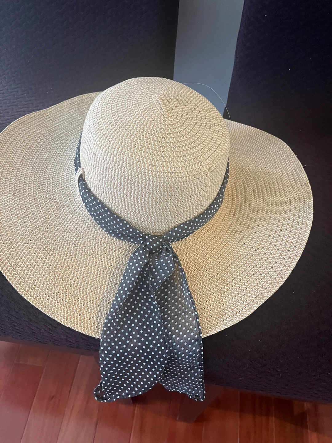 Wide Brim Straw Hat with Polka Dot Ribbon