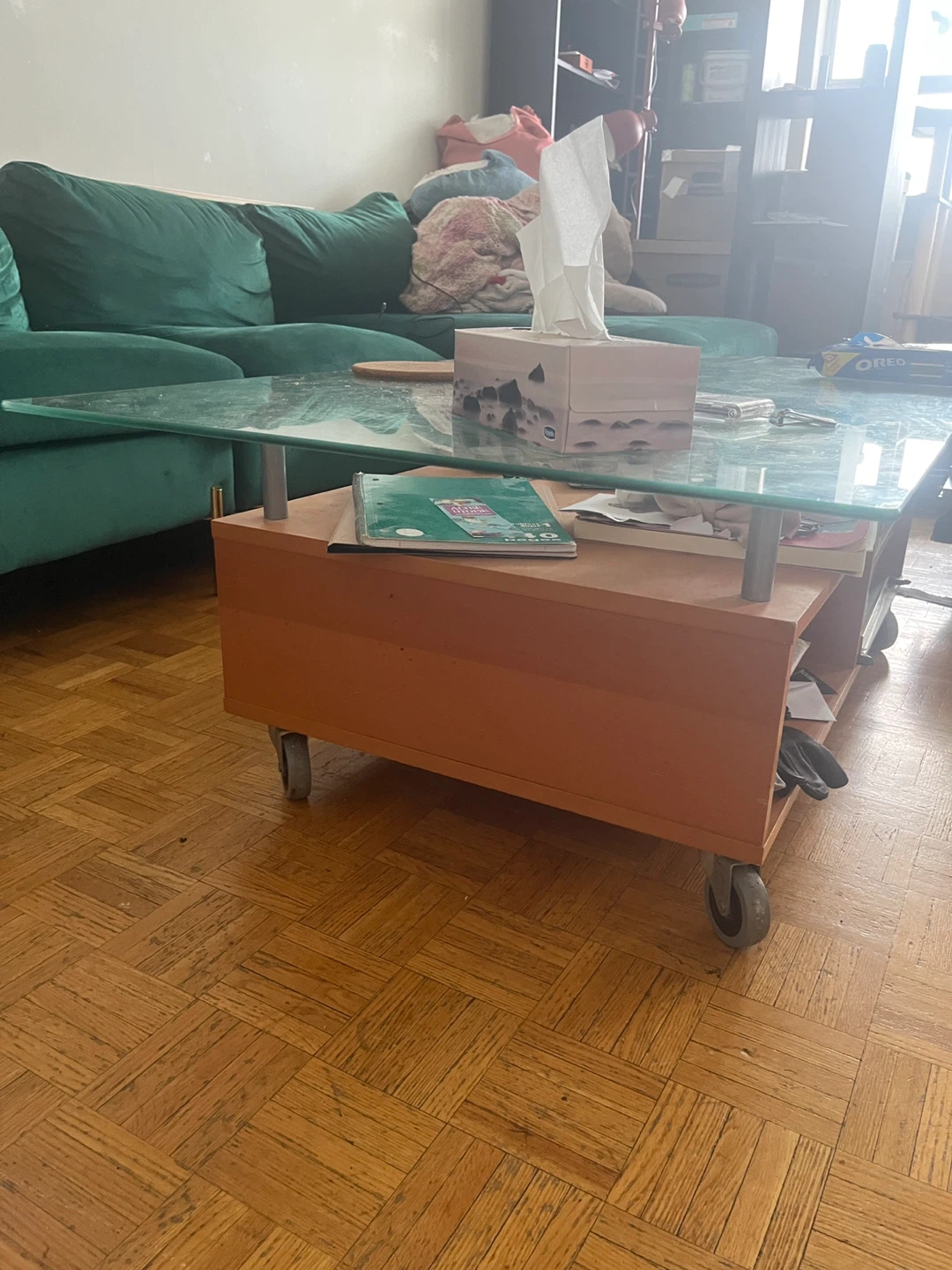 Glass Top Coffee Table with Wooden Base and Wheels - photo 3