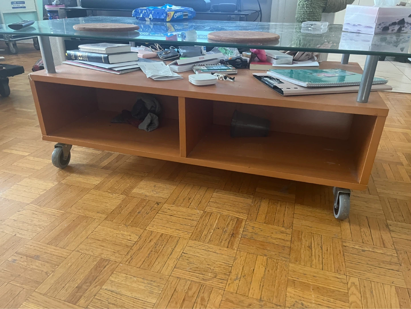 Glass Top Coffee Table with Wooden Base and Wheels - photo 2