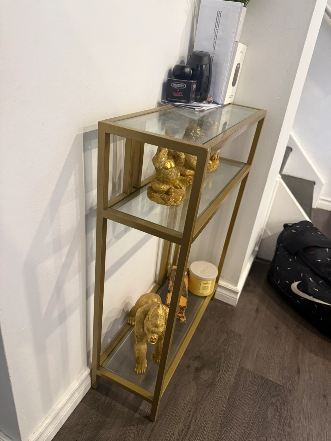 Gold Console Table with Glass Shelves