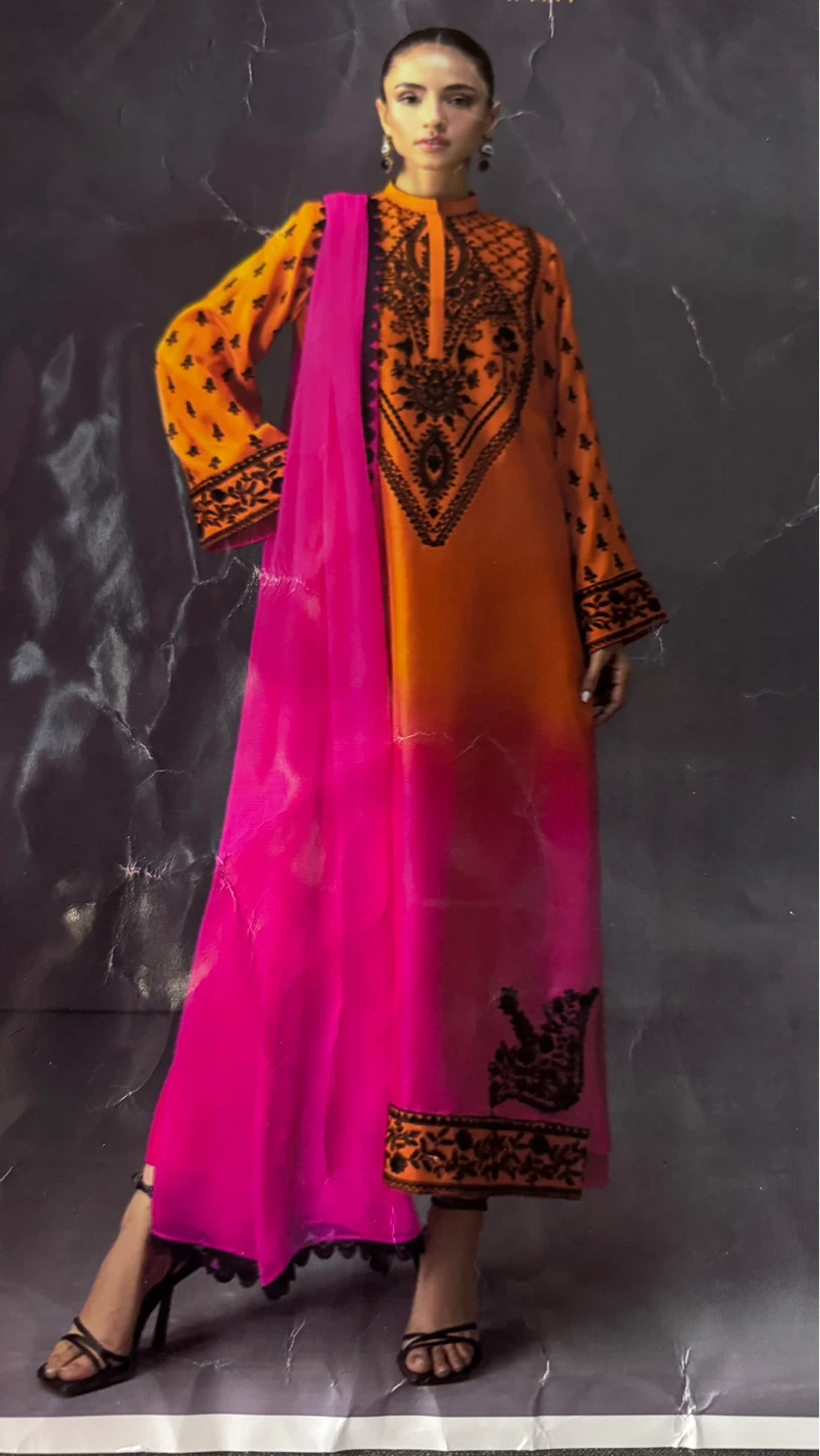 Orange and Pink Ombre Kameez Shalwar with Dupatta