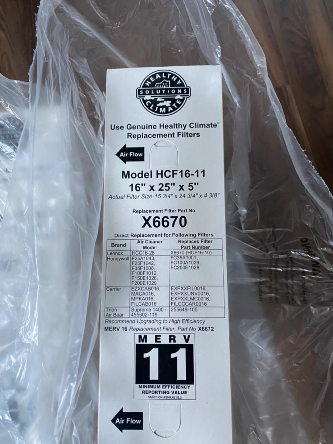 Healthy Climate HCF16-11 Air Filter 16" x 25" x 5"