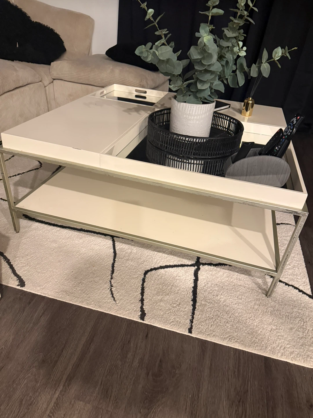 Cream coffee table with storage shelf