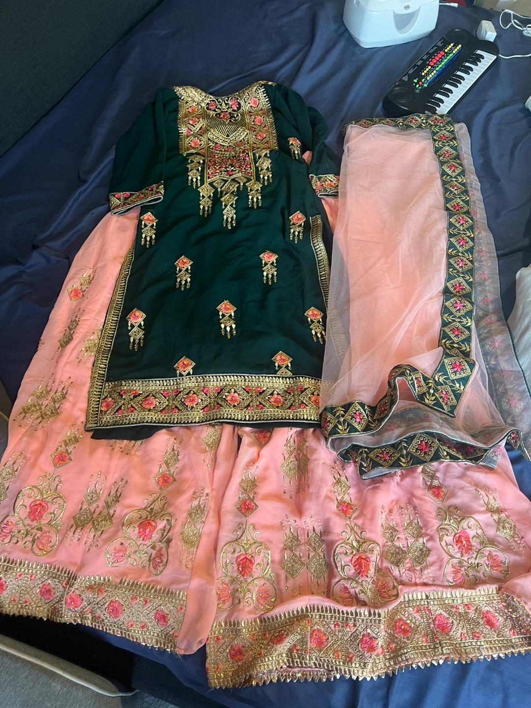 Embroidered Green and Pink Salwar Kameez with Dupatta