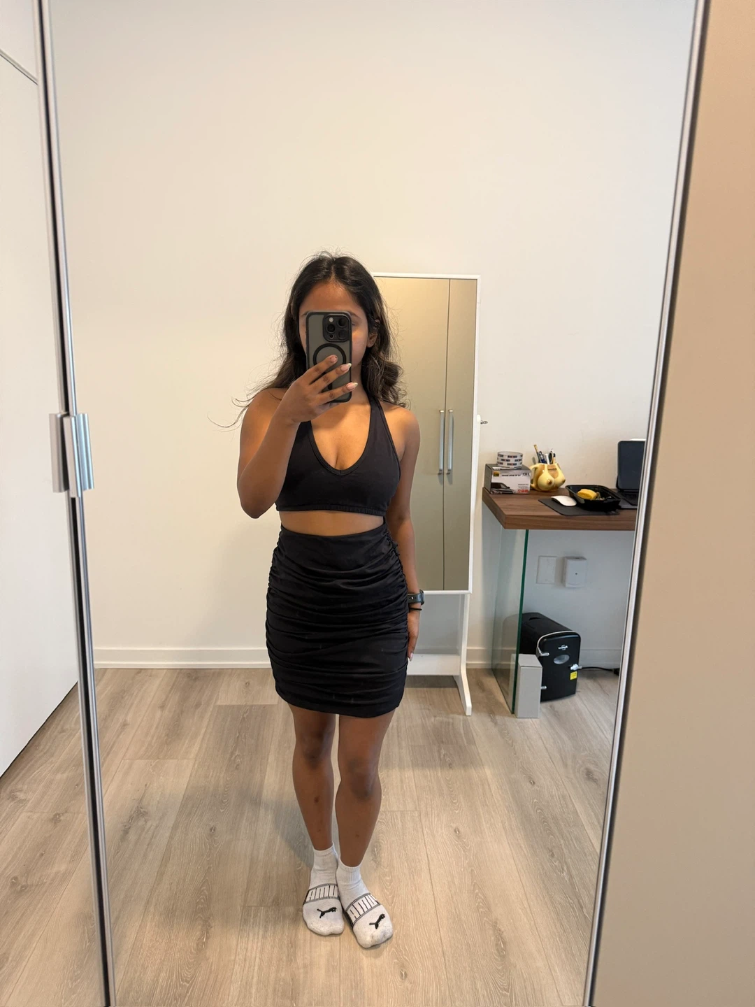 Babaton Black Ruched Mini Skirt XS