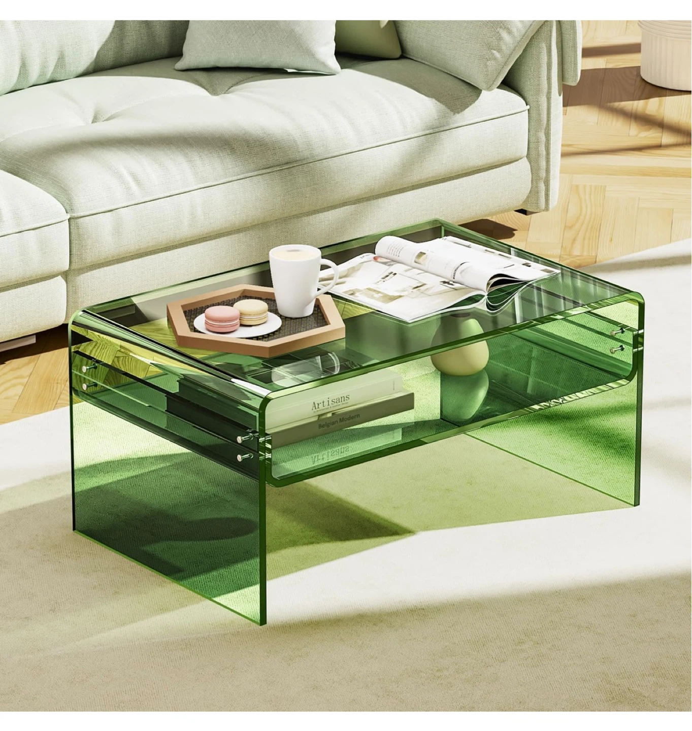 Green Acrylic Coffee Table with Shelf
