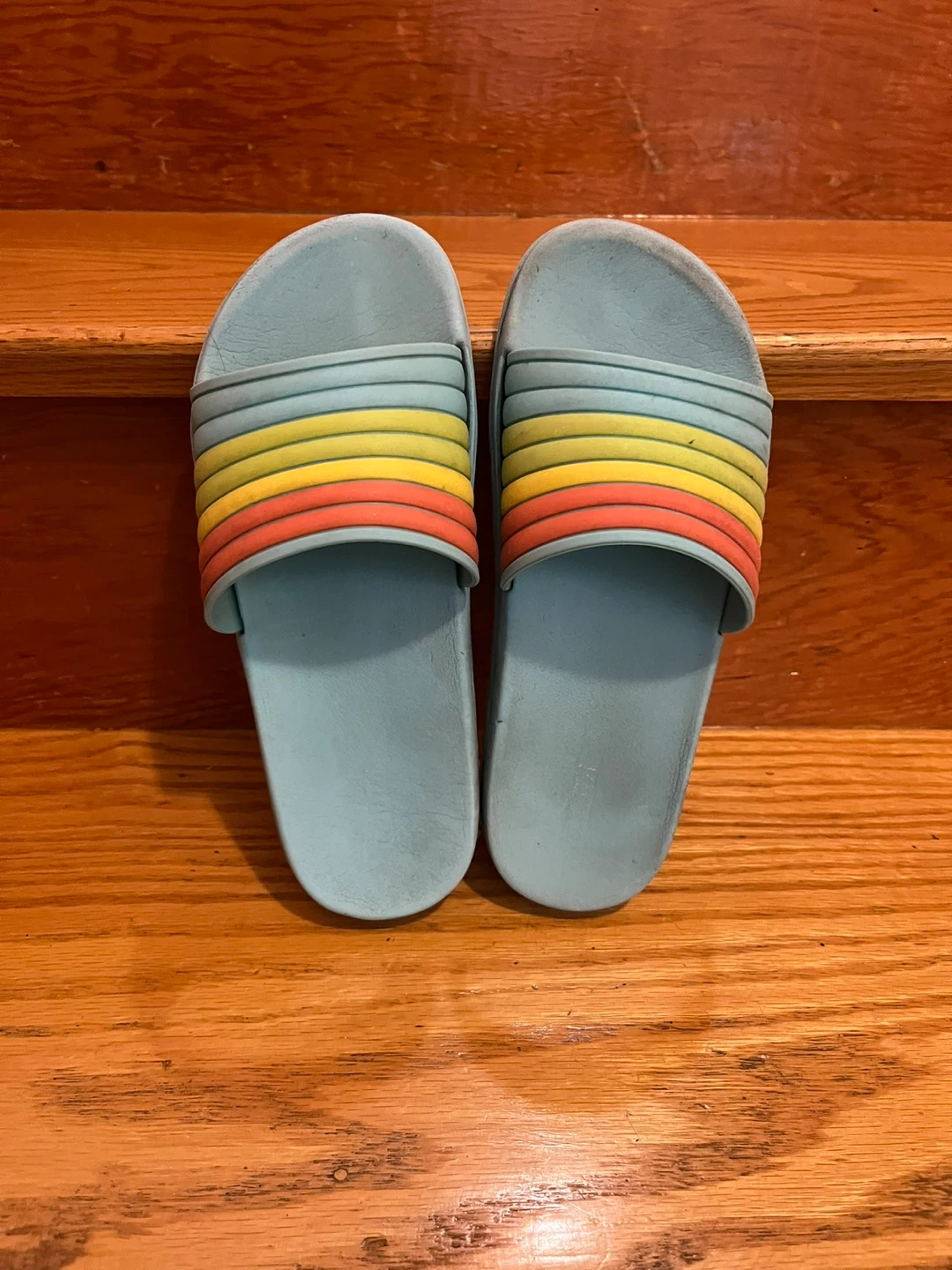 Blue Slide Sandals with Rainbow Stripes