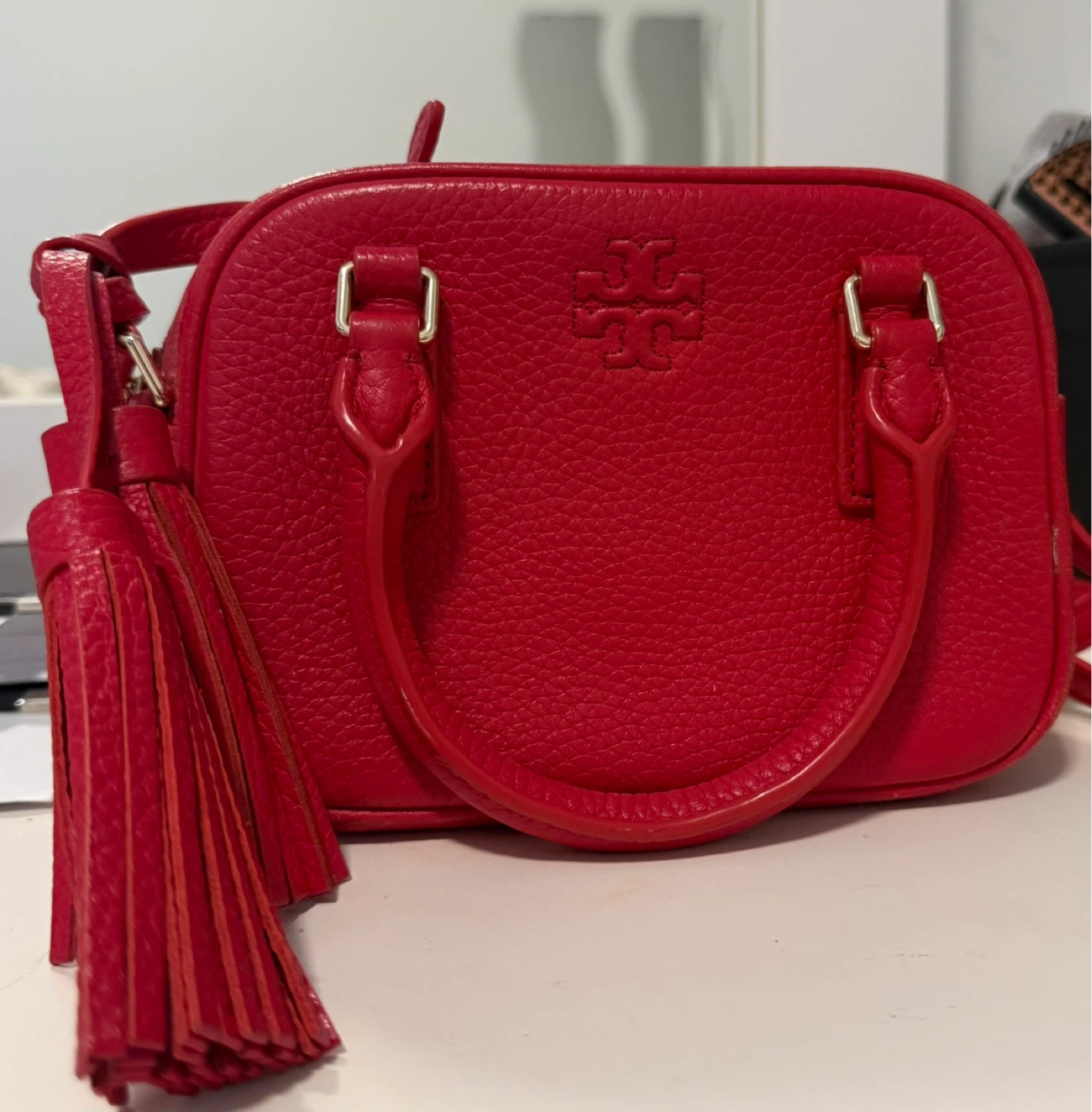 Tory Burch Red Leather Mini Satchel Bag with Tassel