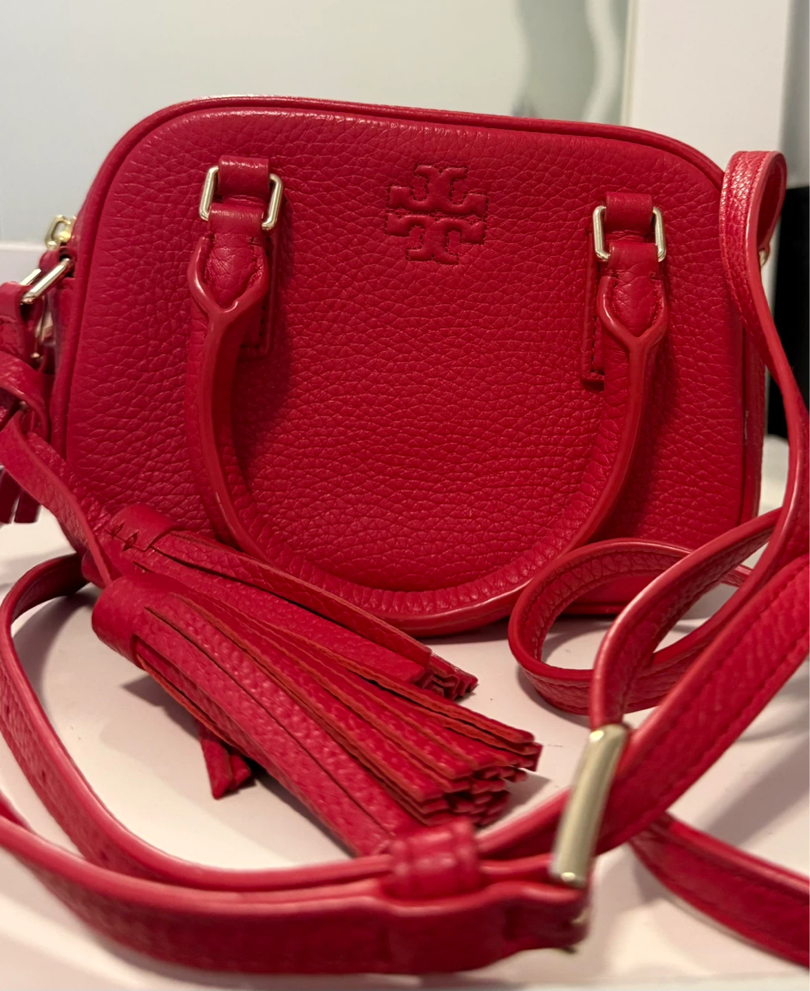Tory Burch Red Leather Mini Satchel Bag with Tassel - photo 2