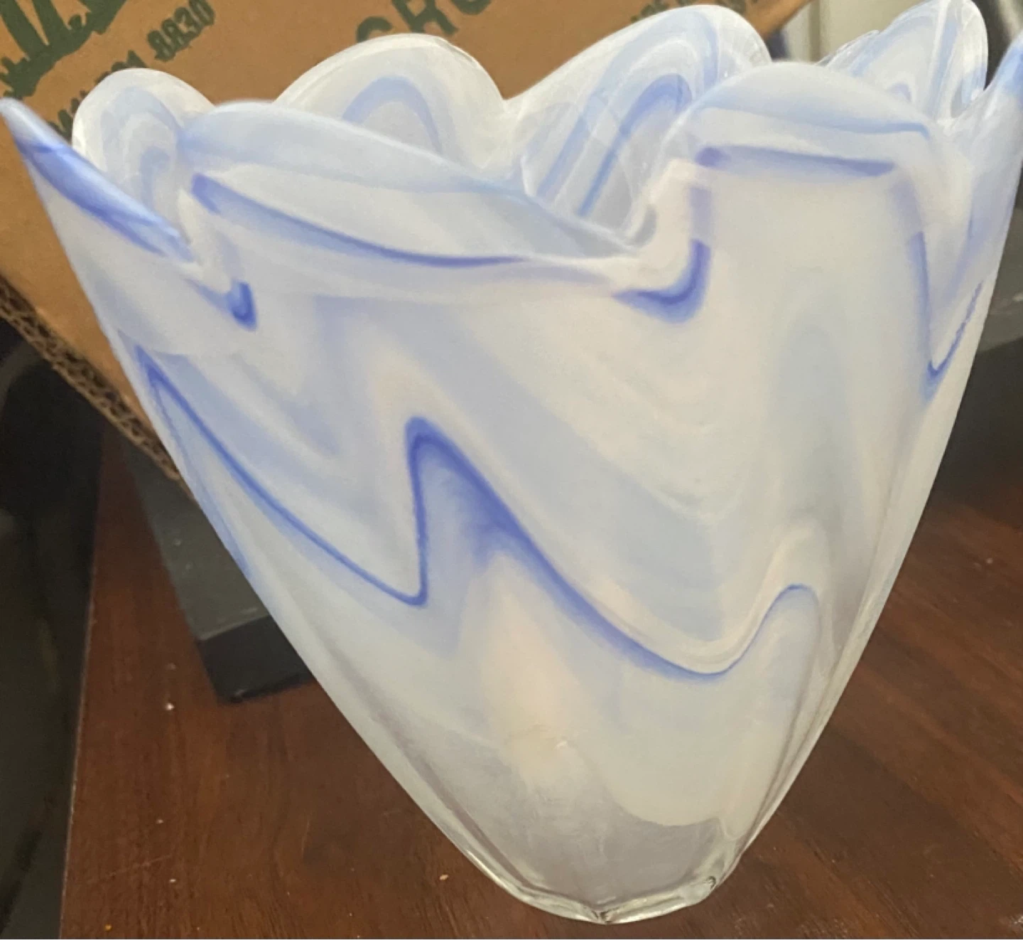Swirled Blue and White Glass Vase