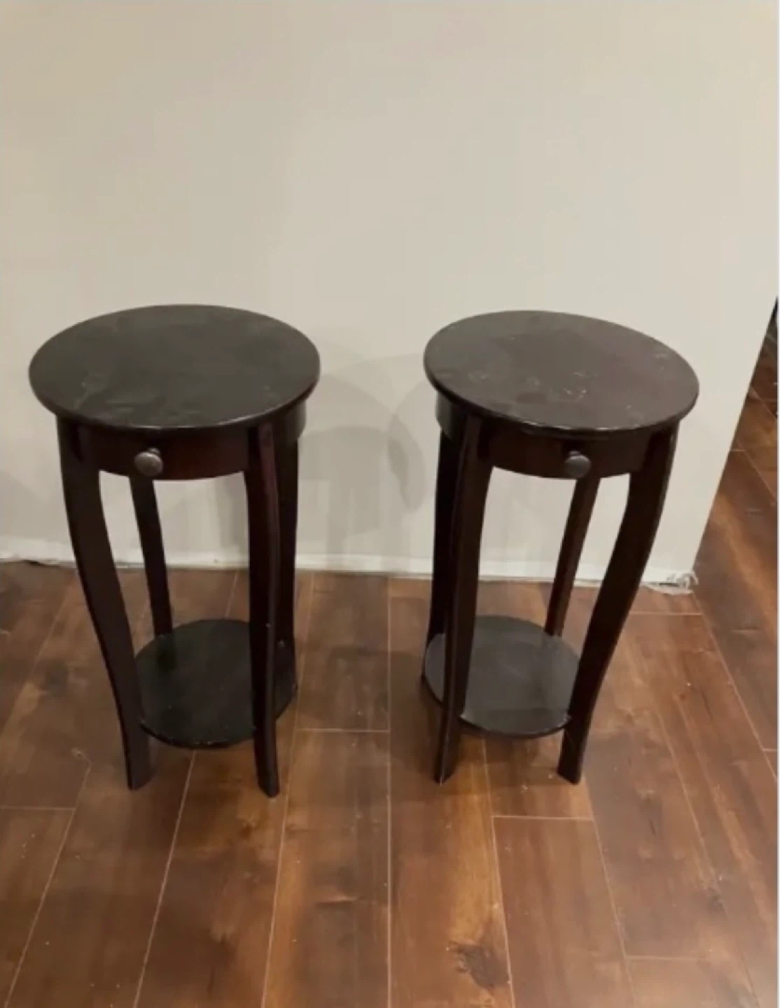 Pair of Dark Brown Round Accent 2 Tables with Drawer