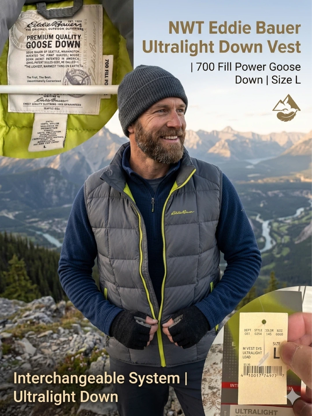 Eddie Bauer Ultralight Down Vest - Size L - Charcoal Grey/Lime
