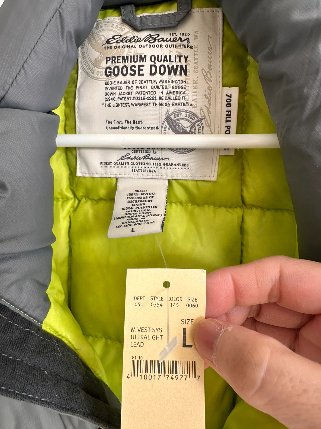 Eddie Bauer Ultralight Down Vest - Size L - Charcoal Grey/Lime - photo 5