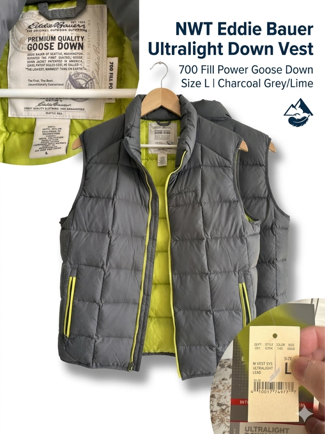 Eddie Bauer Ultralight Down Vest - Size L - Charcoal Grey/Lime - photo 2