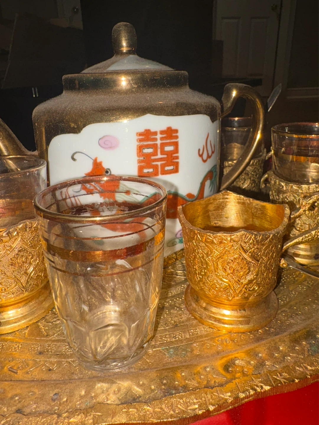 Vintage Gold Teapot and Glasses Set with Tray - photo 2