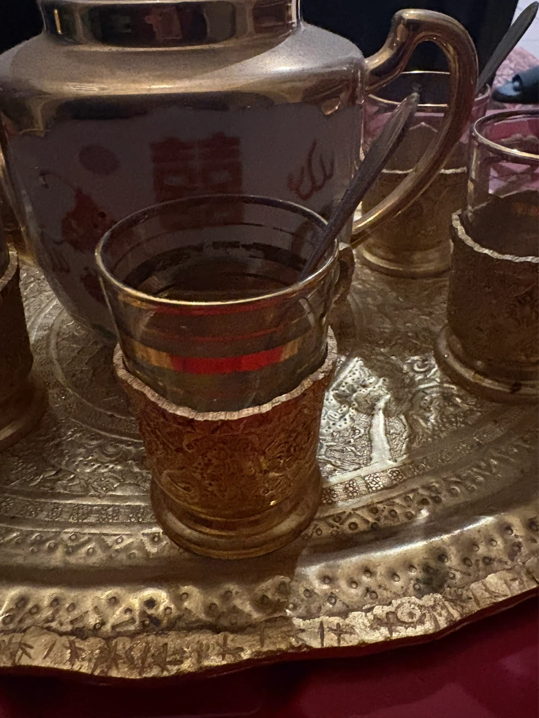 Vintage Gold Teapot and Glasses Set with Tray - photo 3