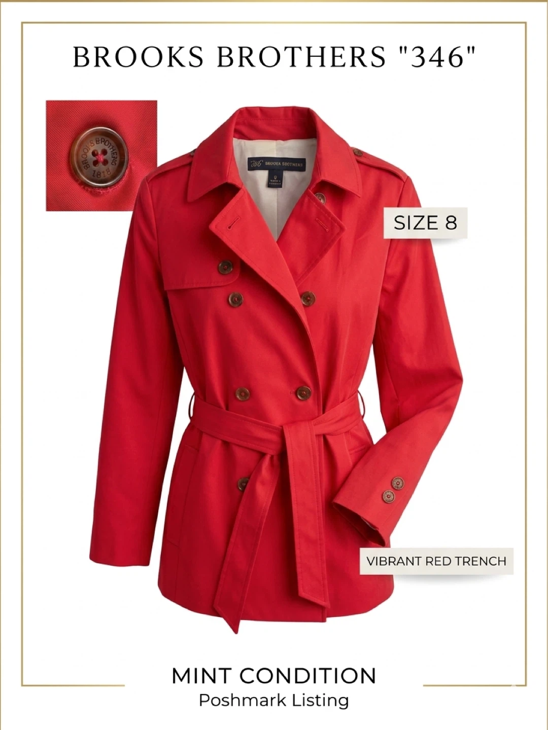 Brooks Brothers "346" Red Trench Coat Size 8