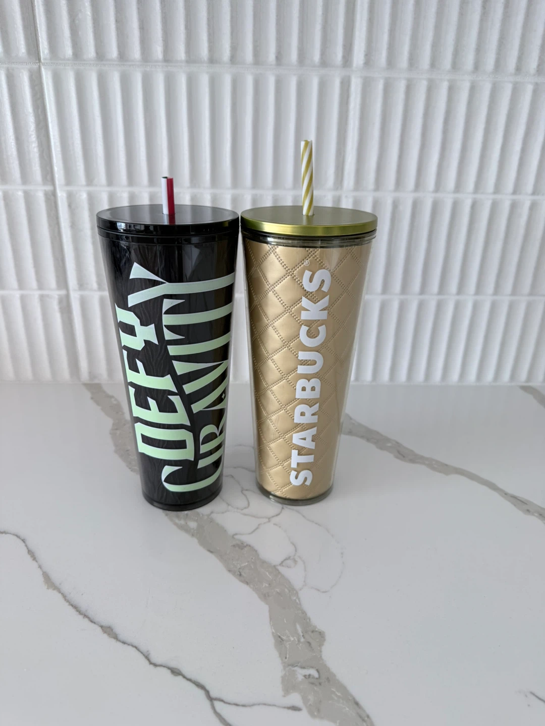 Starbucks Tumbler Set - Black "Defy Gravity" & Gold Quilted