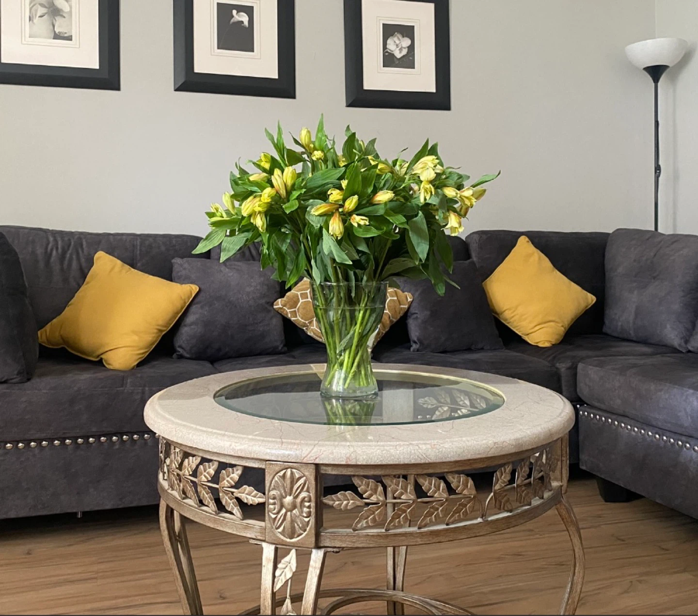 Round Metal Coffee Table with Glass and Marble Top
