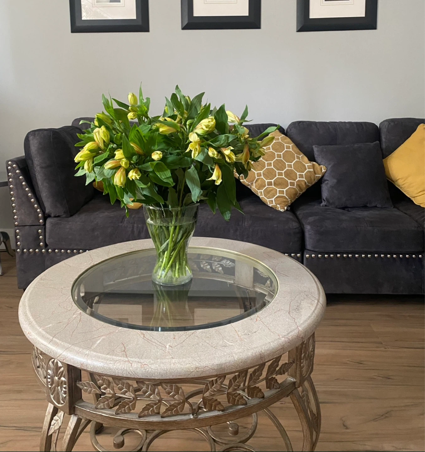 Round Metal Coffee Table with Glass and Marble Top - photo 4