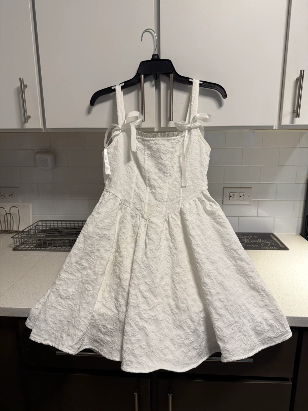 White Textured Floral Dress with Tie Straps